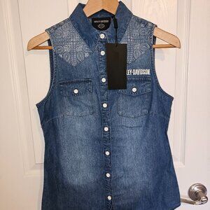 Harley Davidson Women's Liberty Bell Sleeveless Denim Shirt Blue Large NEW